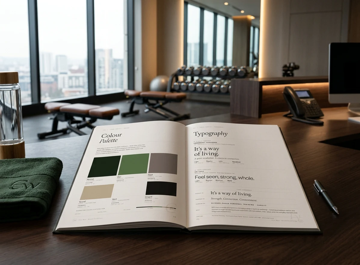 Elin Wyn Personal Training luxury brand identity — brand system flatlay showing logo, colours and typography