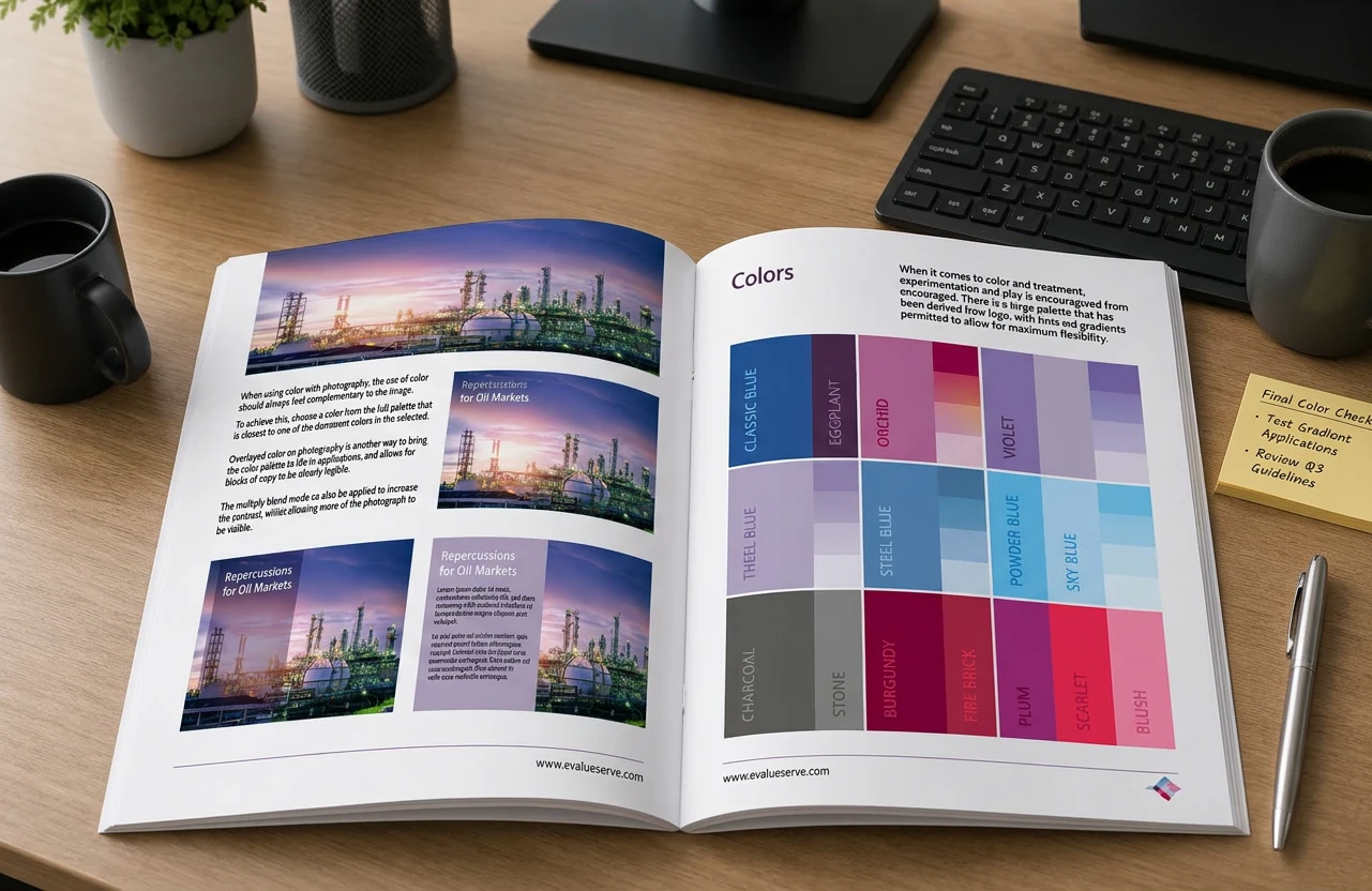 Evalueserve brand guidelines spread — identity system documentation showing colour palette, typography and logo usage