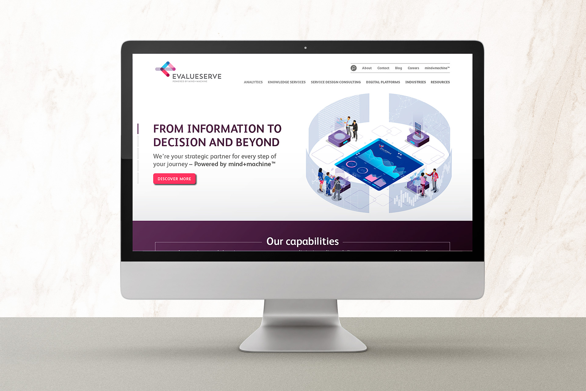 Evalueserve website desktop browser view — homepage or key section page showing the full brand at digital scale
