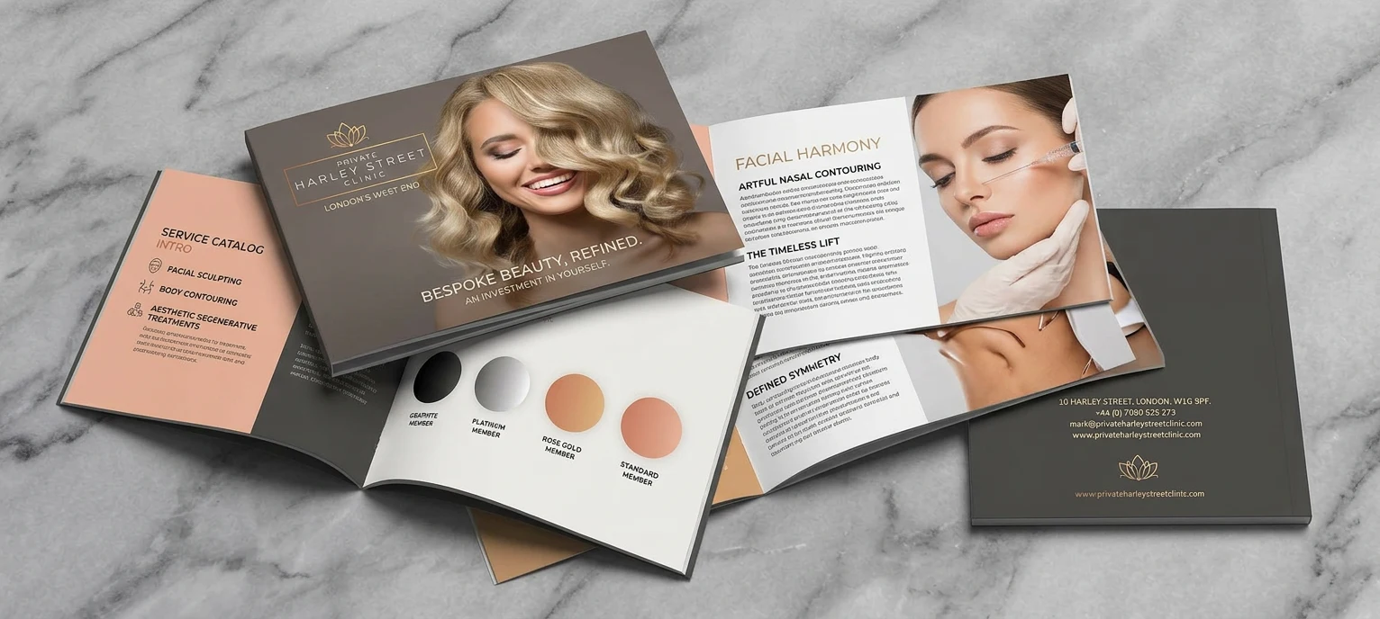 The Private Harley Street Clinic print collateral — brochure, appointment card or branded leaflet