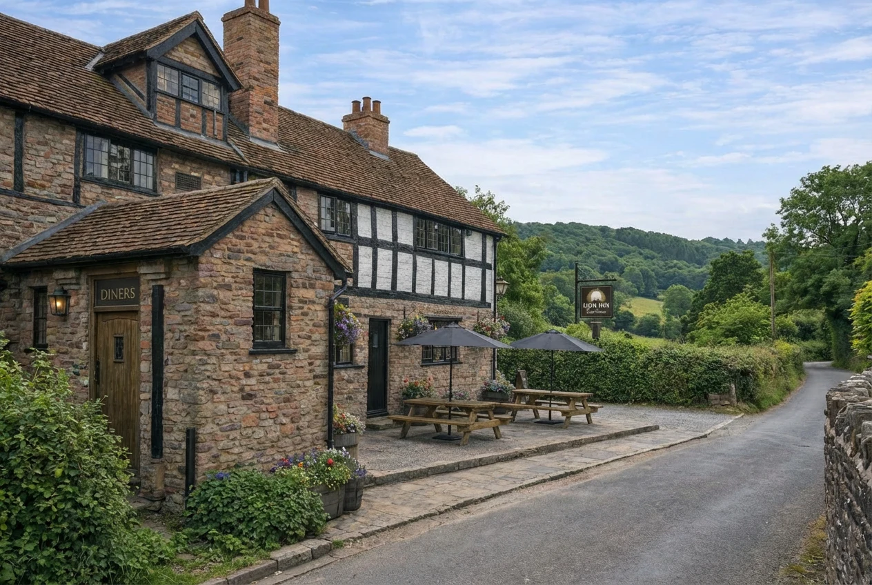 The Lion Inn Clifton upon Teme brand identity — exterior with signage